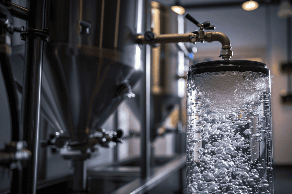 A detailed image of industrial brewing equipment, featuring a large transparent cylinder filled with bubbling liquid. The background showcases stainless steel fermentation tanks and pipes, indicating a brewing process in progress. The brightly lit area reflects the pristine environment maintained by expert Plumber IL.