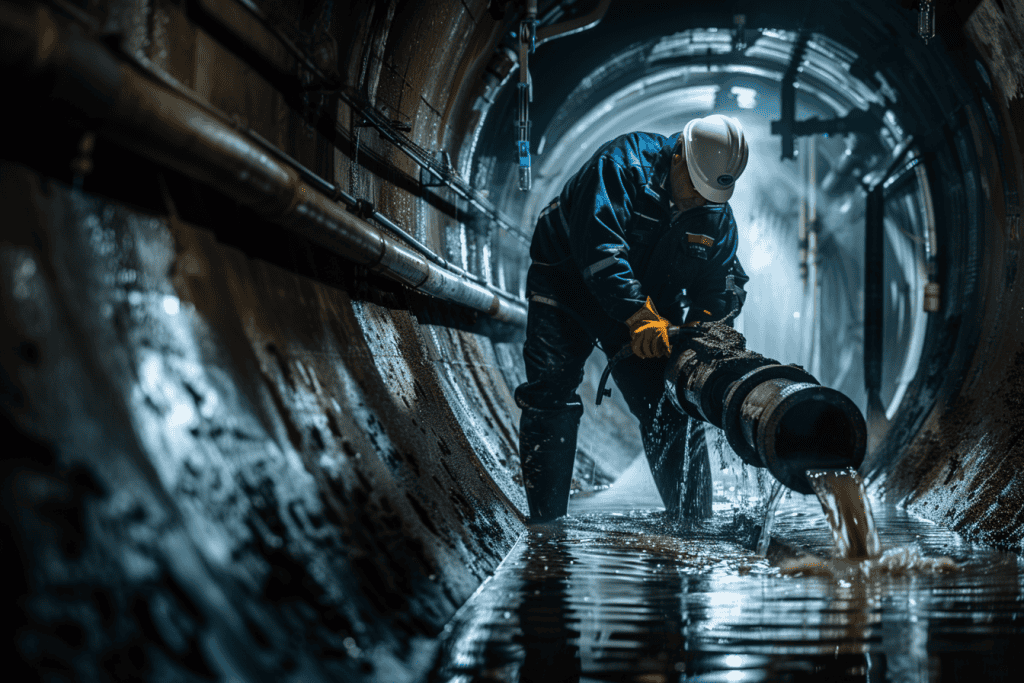 A worker from Plumber IL, wearing protective gear and a white helmet, is adjusting a large, leaking pipe inside a dimly lit industrial tunnel. Water flows from the pipe onto a wet floor, reflecting the tunnel's lights and creating a dramatic, focused atmosphere.