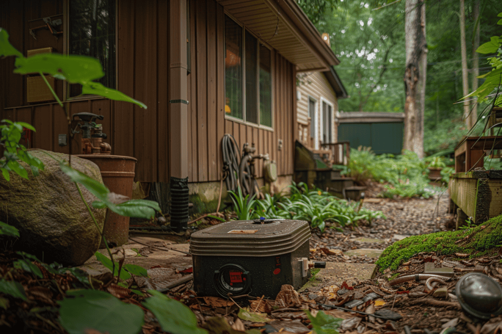 A small generator sits on a stone path surrounded by lush greenery and garden plants. The path leads to the side of a wooden house with visible windows and a garden hose coiled nearby. A large tree and a shed are visible in the background, hinting at recent work like sump pump installation by Plumber IL.