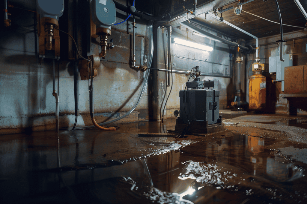 A dimly lit industrial basement with exposed piping and equipment. The floor is covered with reflective puddles of water or oil, possibly due to Drain Cleaning IL work, and a large machine or generator sits in the center emitting a faint light. The walls show signs of wear and grime.