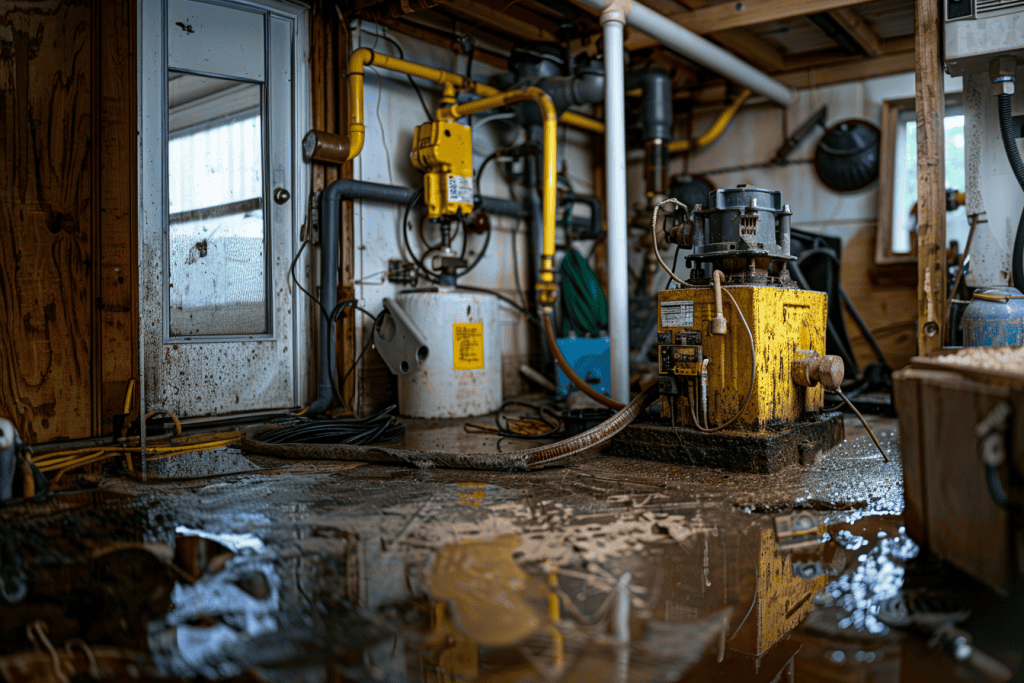 A flooded basement with muddy water covering the floor. Various machines, pipes, and equipment are present, some items partially submerged. A white door and window are visible in the background, wood-paneled walls adding to the chaotic scene. It's clear a Plumber IL would be essential here.