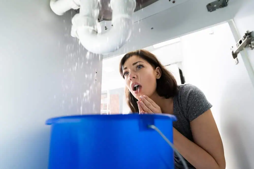A woman looks surprised as water leaks from pipes under a sink into a blue bucket. She is kneeling down and observing the situation closely.