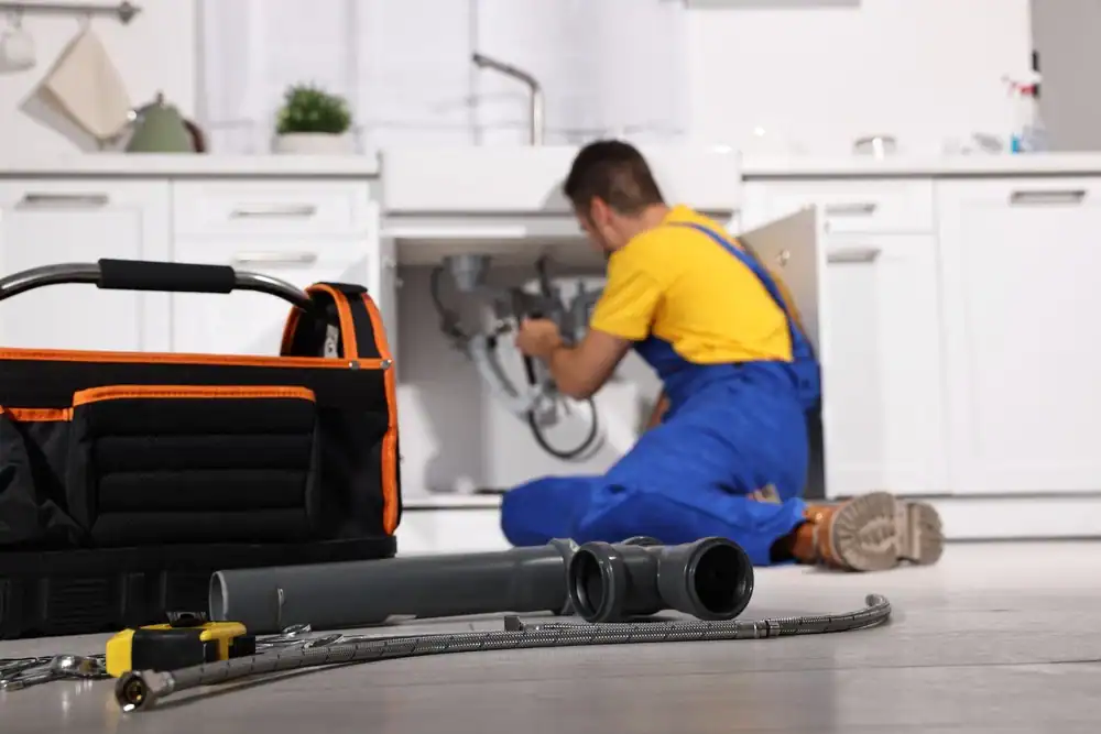 A professional plumber is repairing a clogged kitchen sink in a modern home. The plumber is kneeling under the sink cabinet, using a wrench to fix the P-trap and clear a blockage. The sleek, contemporary kitchen features polished countertops, stainless steel fixtures, and neatly organized cabinets. A bucket is placed under the pipes to catch water, and plumbing tools such as pliers, a pipe wrench, and Teflon tape are visible nearby, highlighting a careful and skilled repair process.